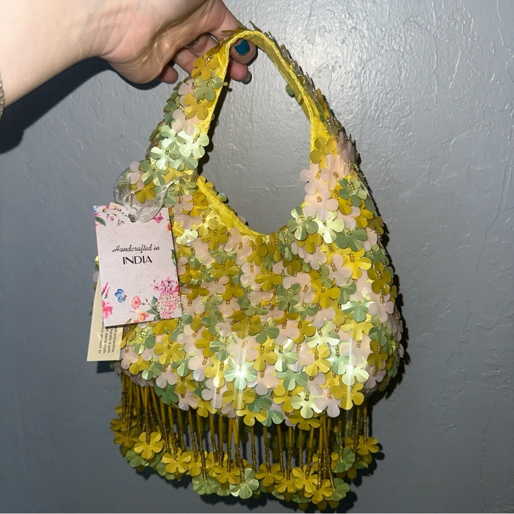 Viral Floral Beaded Handbag in Yellow and Green NWT
